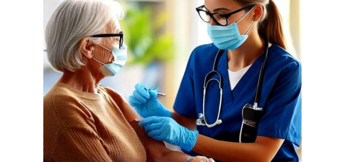 une femme infirmière avec des cheveux longs en queue de cheval et avec des lunettes et un masque pratique un soin infirmier sur une femme âgée avec elle aussi un masque chirurgical